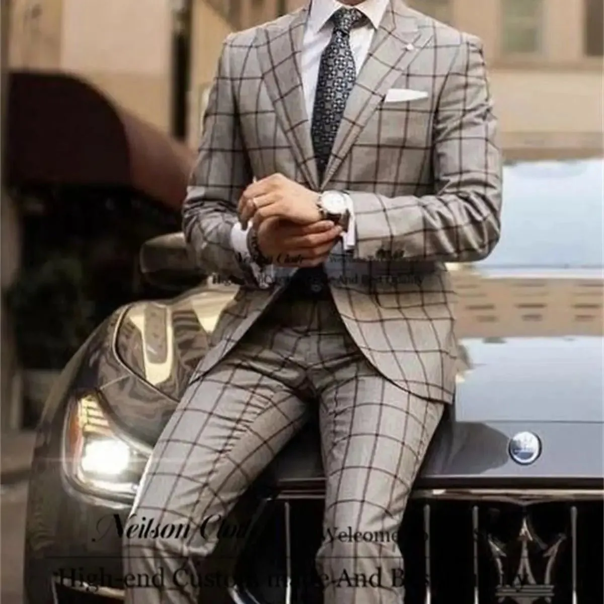 Fashion Plaid Male Prom Blazers 2 Pieces Jacket Pants Sets Peaked Lapel Groom Wedding Tuxedos Business Slim Fit Costume Homme