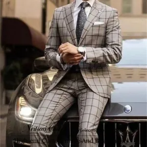 Fashion Plaid Male Prom Blazers 2 Pieces Jacket Pants Sets Peaked Lapel Groom Wedding Tuxedos Business Slim Fit Costume Homme