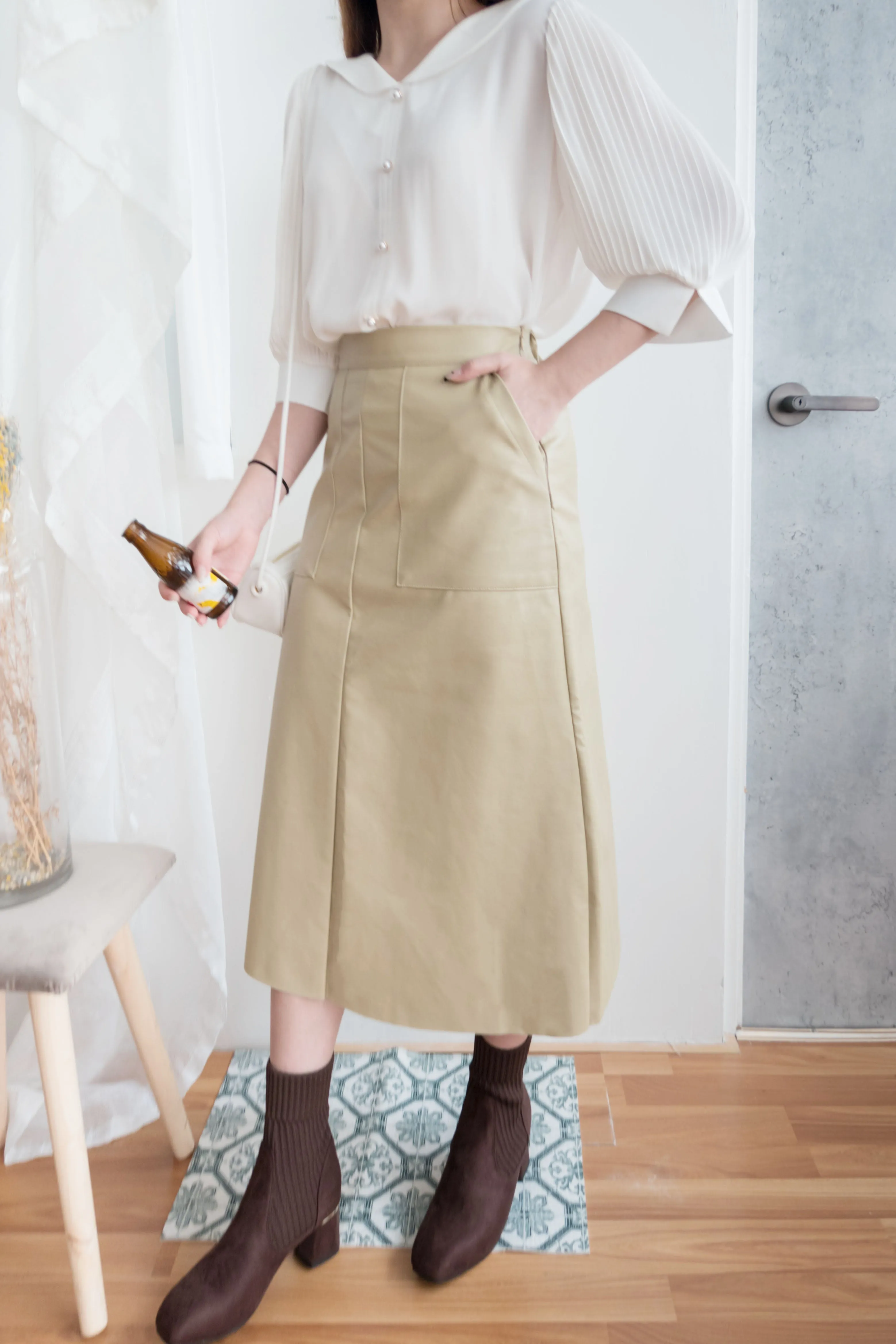 Faux Leather 簡約皮感雙口袋半身裙, Skirt/ SK8646