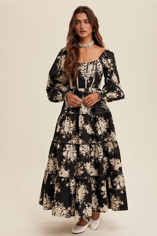 Floral Print Corset Bodice Maxi Dress