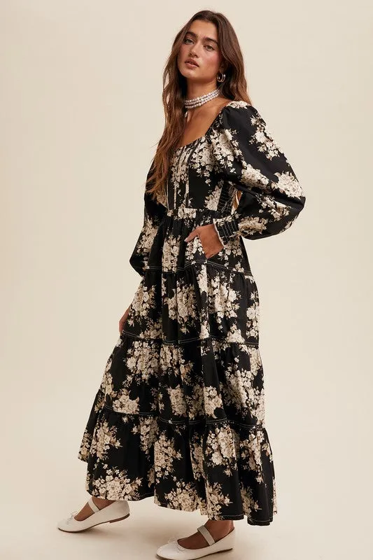 Floral Print Corset Bodice Maxi Dress