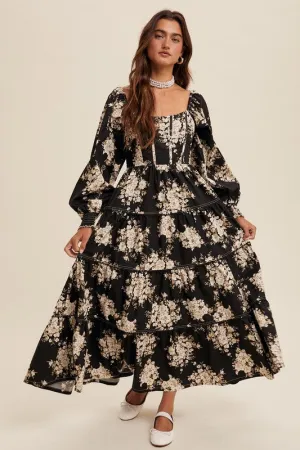 Floral Print Corset Bodice Maxi Dress