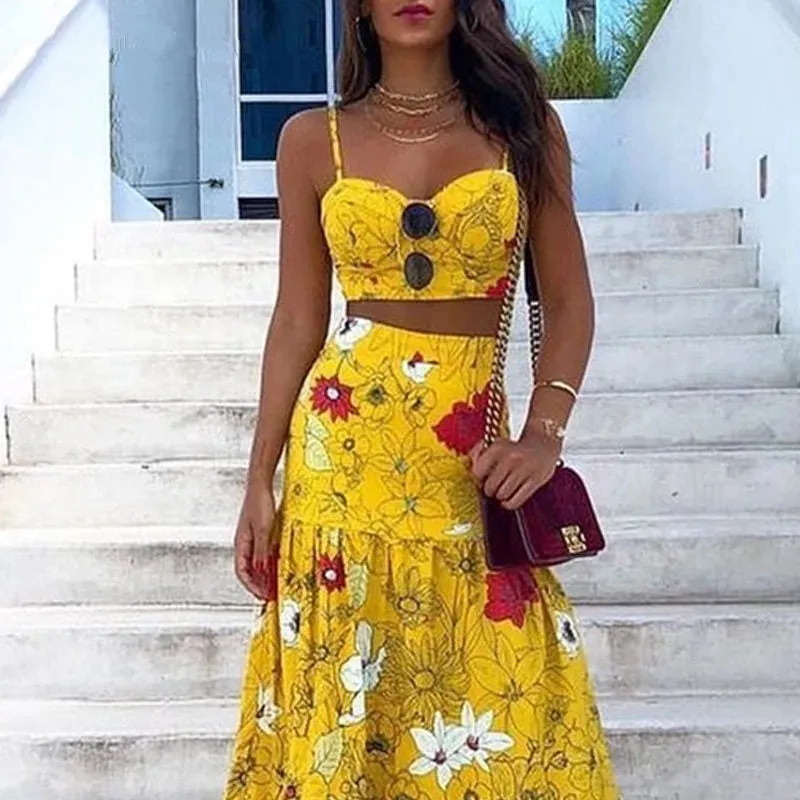 Floral Print Spaghetti Strap Crop Top And Maxi Long Skirt 2 Piece Sets