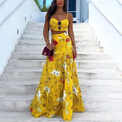 Floral Print Spaghetti Strap Crop Top And Maxi Long Skirt 2 Piece Sets