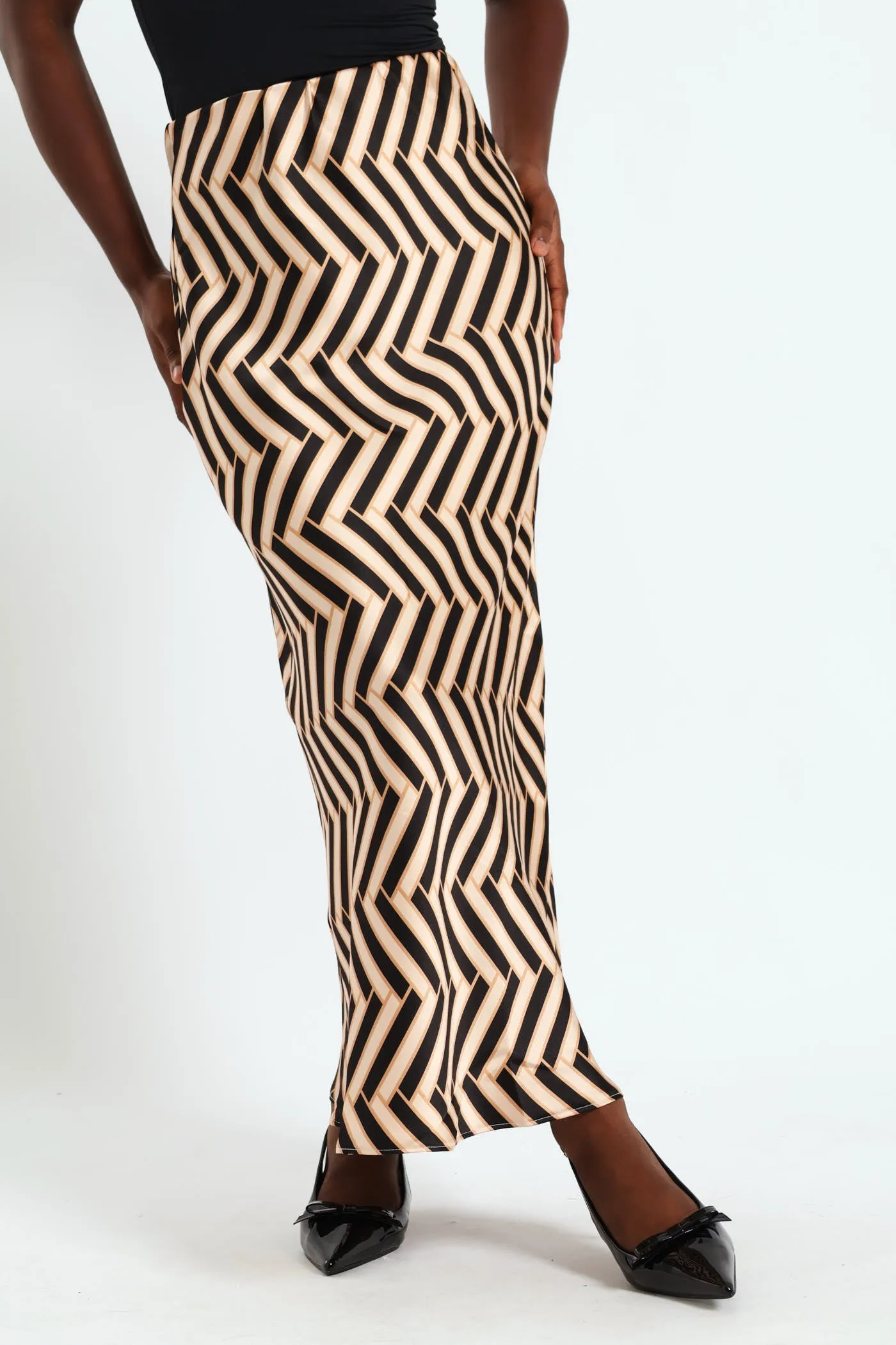 Geo Satin Midi Slip Skirt - Black/Beige