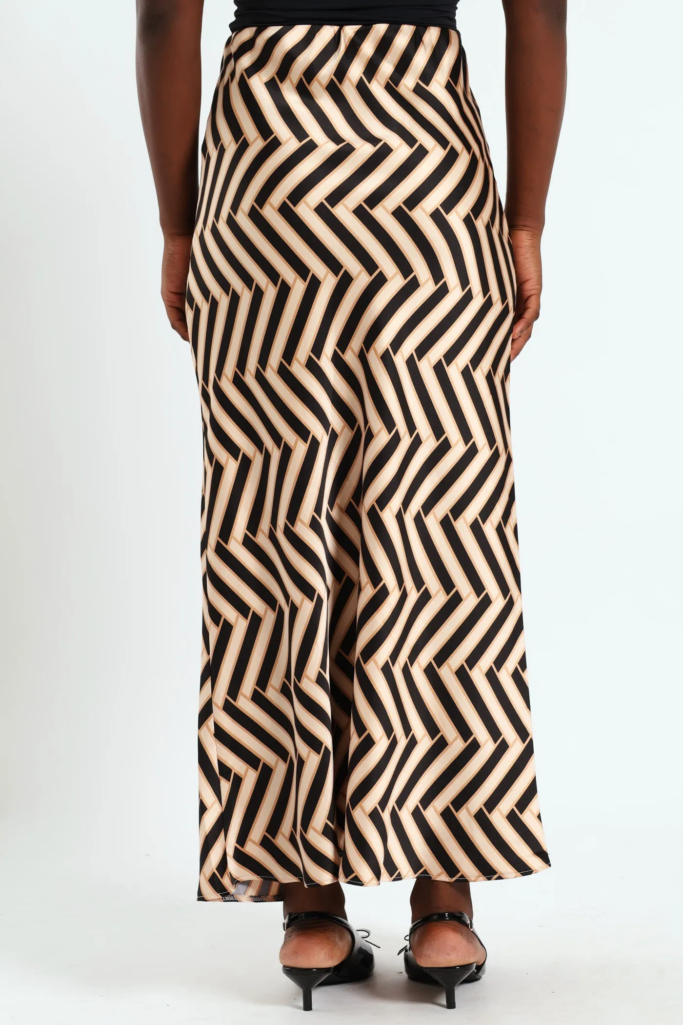 Geo Satin Midi Slip Skirt - Black/Beige