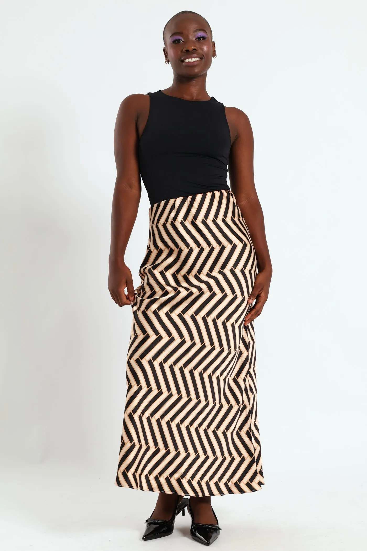 Geo Satin Midi Slip Skirt - Black/Beige