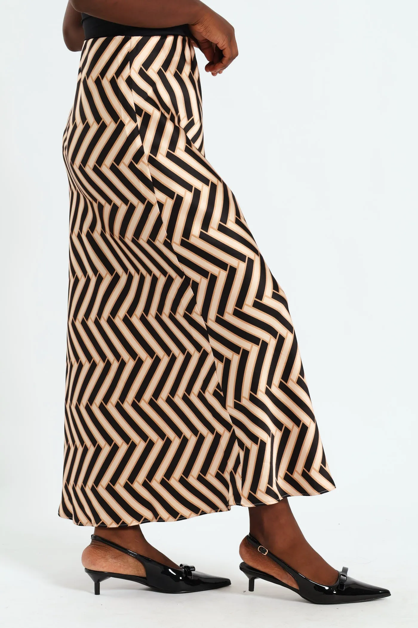 Geo Satin Midi Slip Skirt - Black/Beige