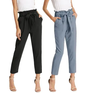 GRACE KARIN 2 Pack Womens Pants Elastic High Waist Belted Casual Pencil Paper Bag Pants with Pocket Blue Gray Black 2XL