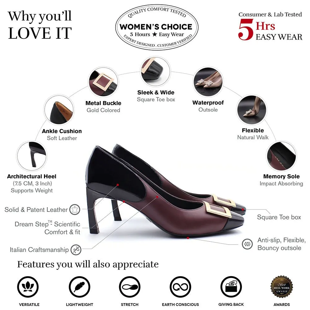 Grace Maroon Patent Gold Buckle Square Toe Pump