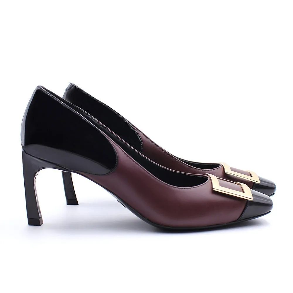 Grace Maroon Patent Gold Buckle Square Toe Pump