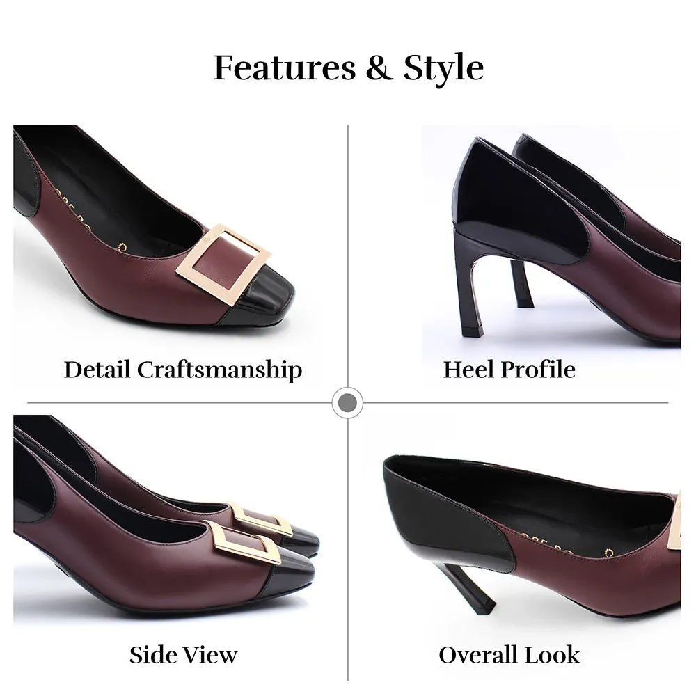 Grace Maroon Patent Gold Buckle Square Toe Pump
