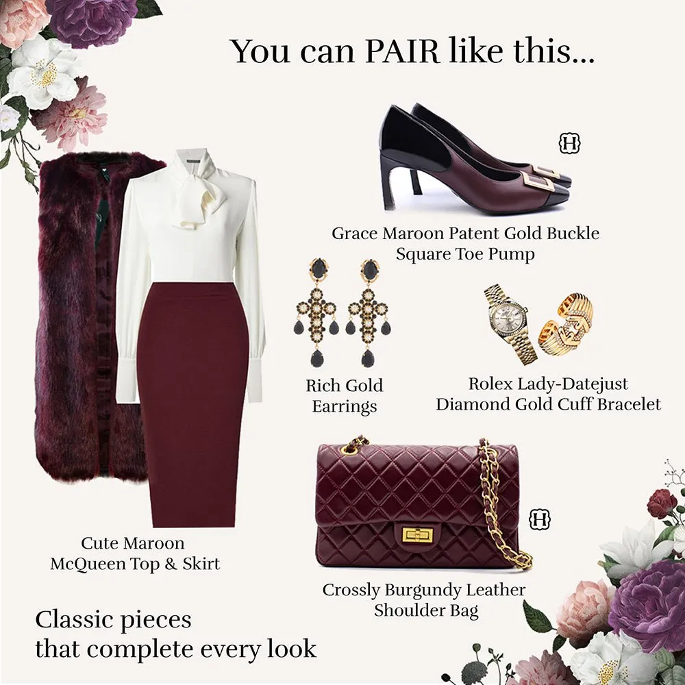 Grace Maroon Patent Gold Buckle Square Toe Pump