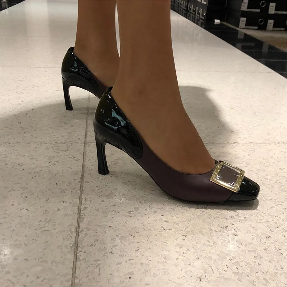 Grace Maroon Patent Gold Buckle Square Toe Pump