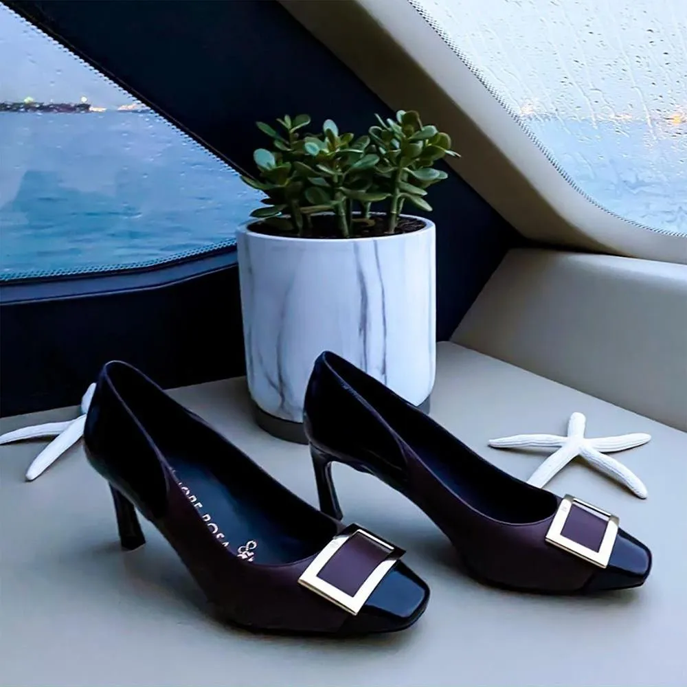 Grace Maroon Patent Gold Buckle Square Toe Pump