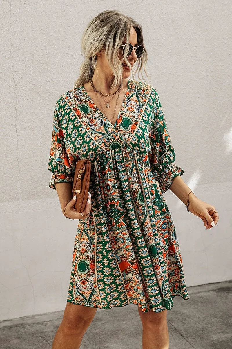 Green Boho Print Wrap Neck Tie Back Pleated Hem Dress