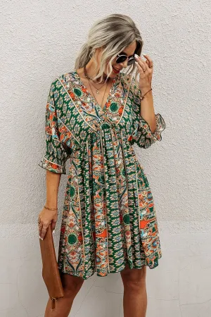 Green Boho Print Wrap Neck Tie Back Pleated Hem Dress