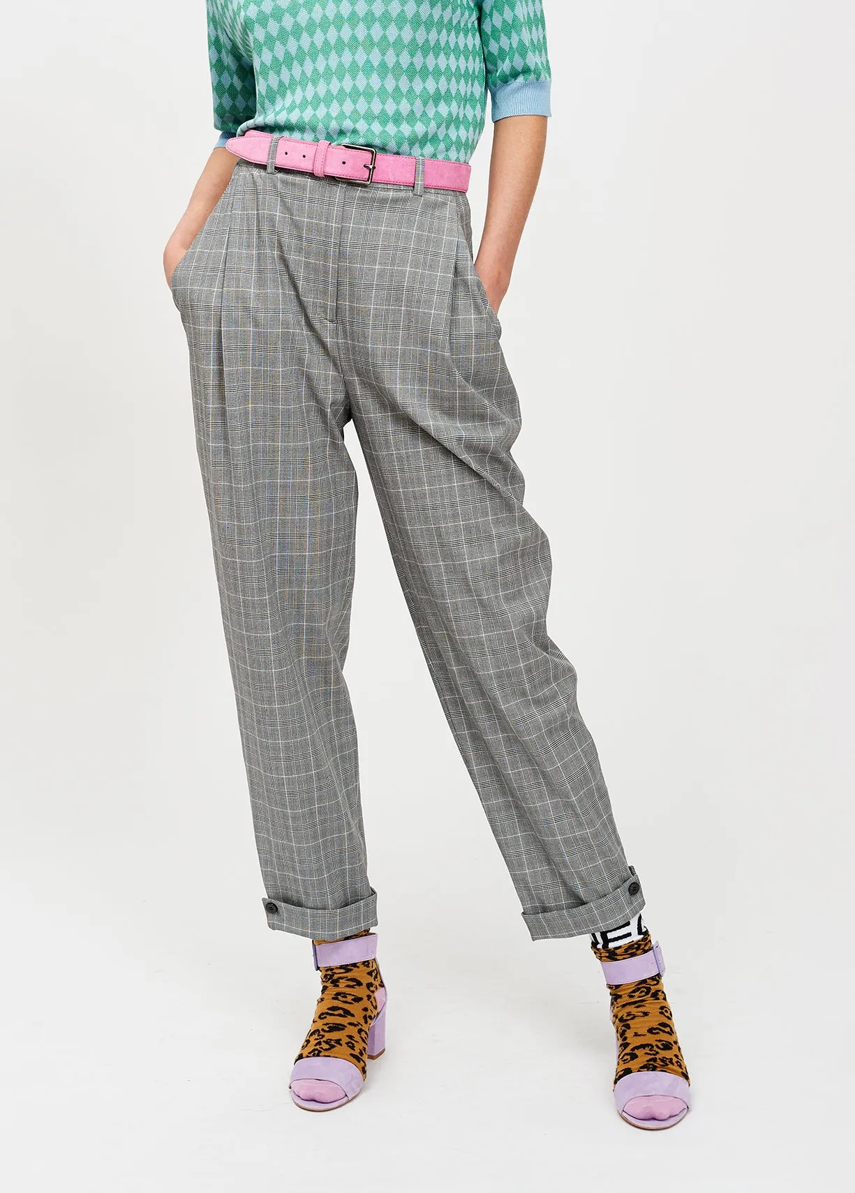 Grey plaid tapered pants