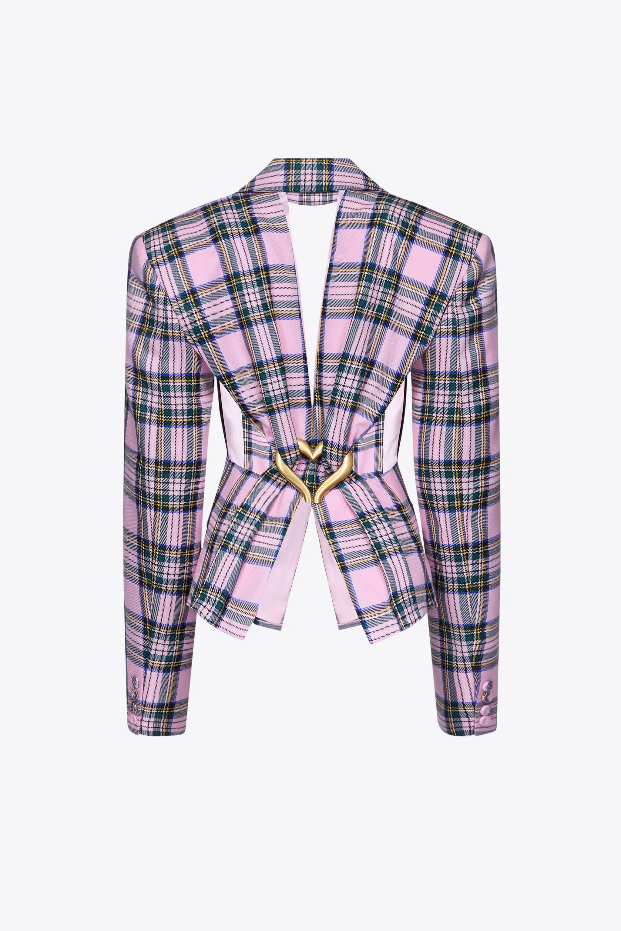 Heart Draped Cutout Checked Blazer | Pink Multi