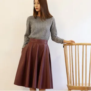 High Waist Woman PU Leather Skirt Fashion Woman Spring Vintage Large Swing Long Midi Skirts Black Red QT128