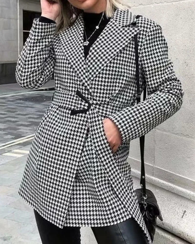 Houndstooth Button Lapel Belt Blazers Splicing Outerwear