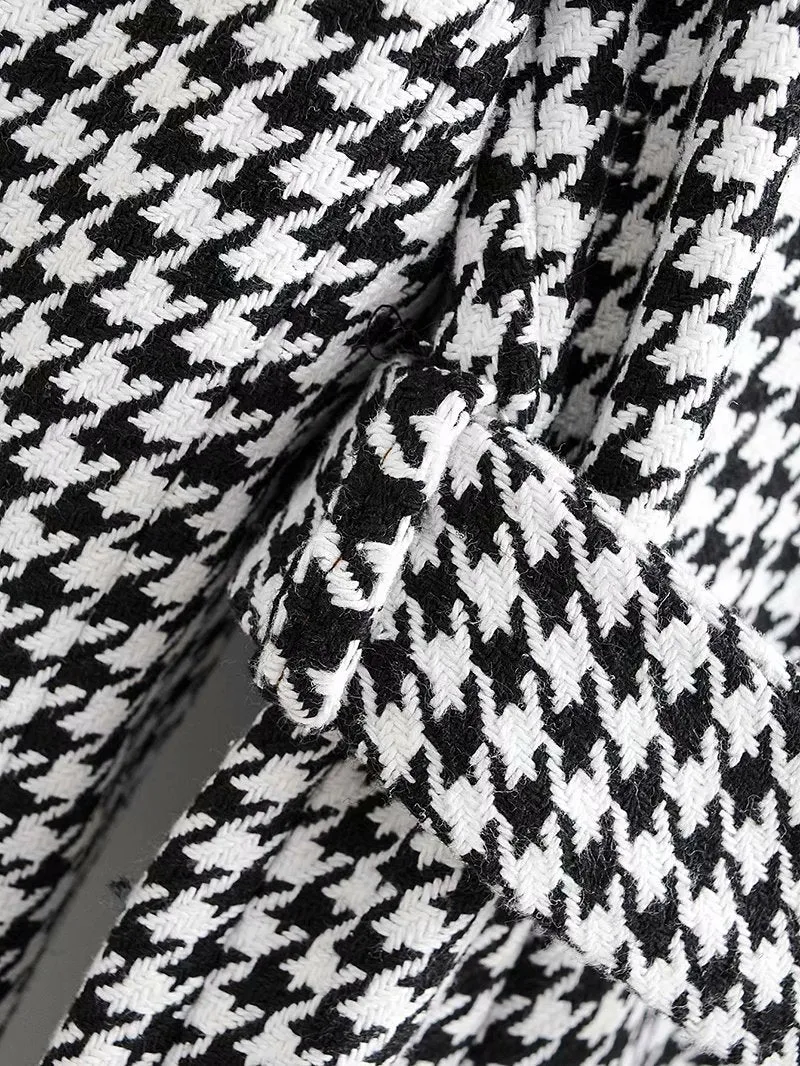 Houndstooth Button Lapel Belt Blazers Splicing Outerwear