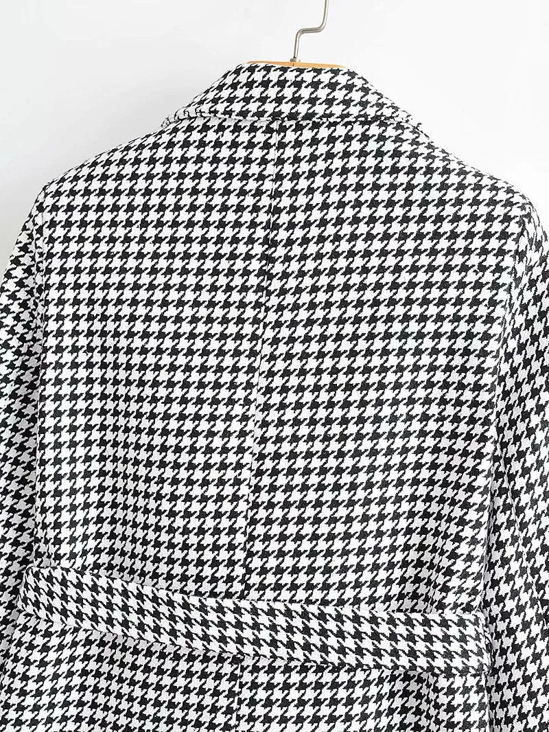 Houndstooth Button Lapel Belt Blazers Splicing Outerwear