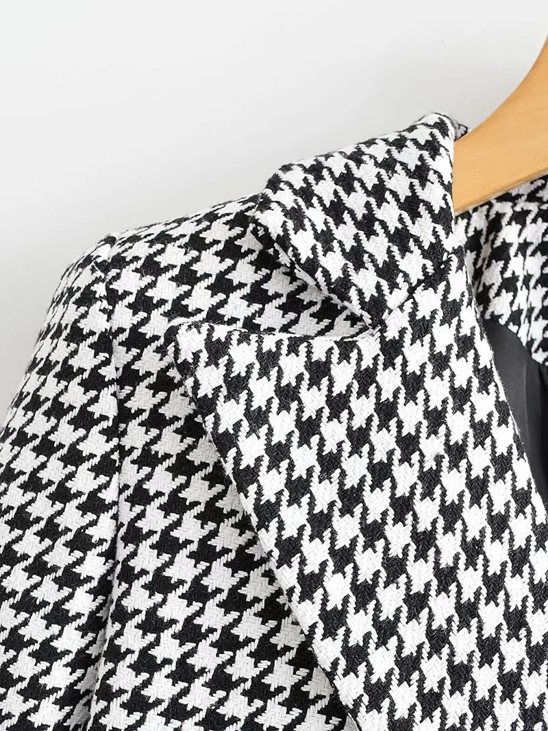 Houndstooth Button Lapel Belt Blazers Splicing Outerwear