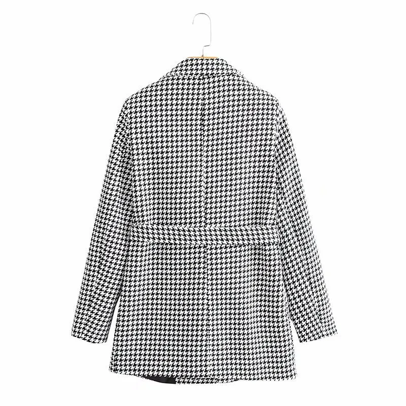 Houndstooth Button Lapel Belt Blazers Splicing Outerwear