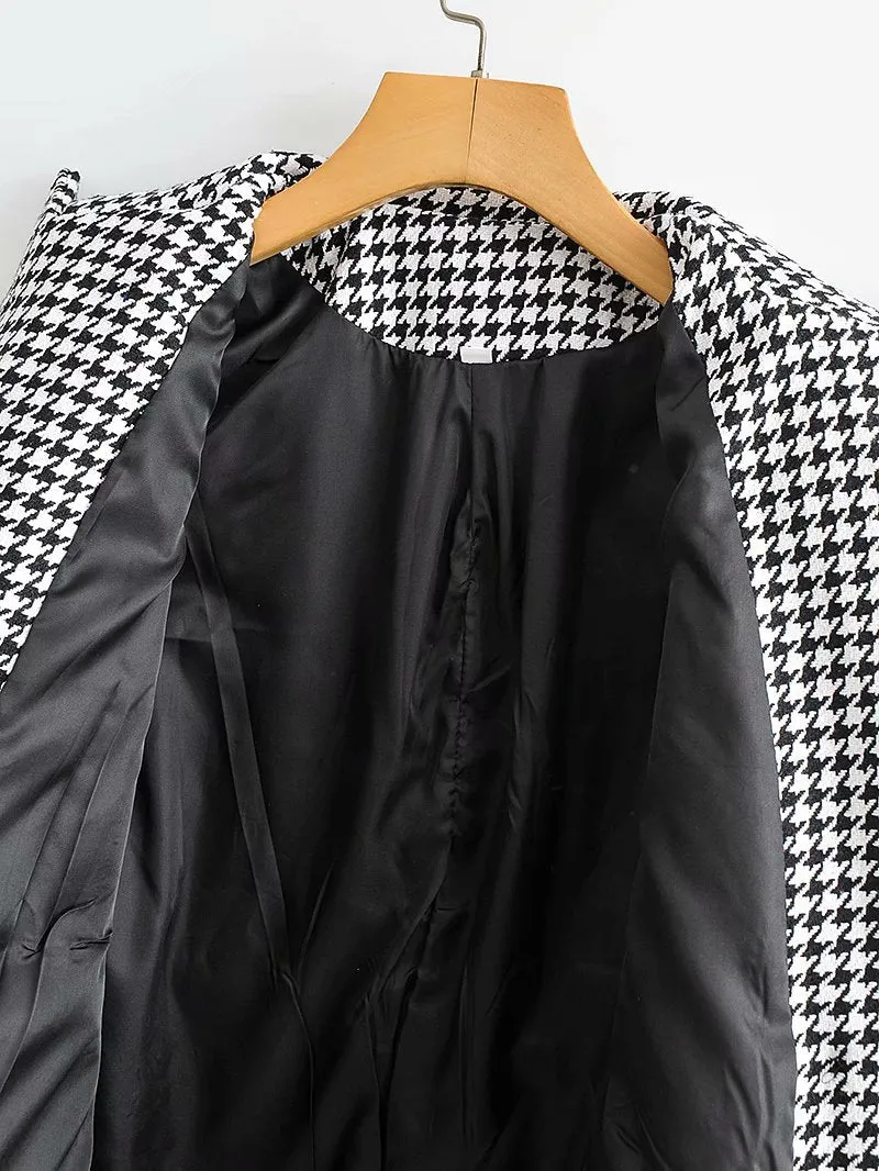 Houndstooth Button Lapel Belt Blazers Splicing Outerwear