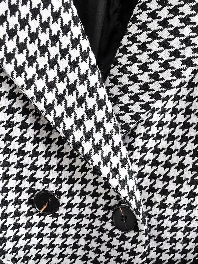Houndstooth Button Lapel Belt Blazers Splicing Outerwear