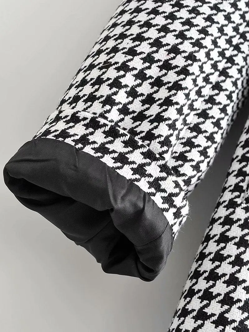 Houndstooth Button Lapel Belt Blazers Splicing Outerwear