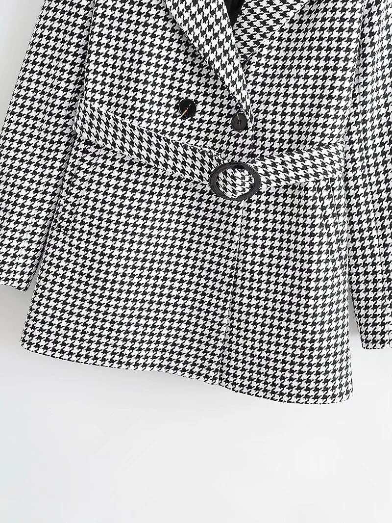 Houndstooth Button Lapel Belt Blazers Splicing Outerwear