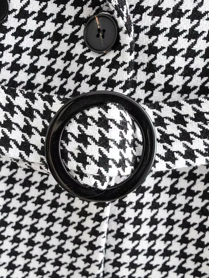 Houndstooth Button Lapel Belt Blazers Splicing Outerwear