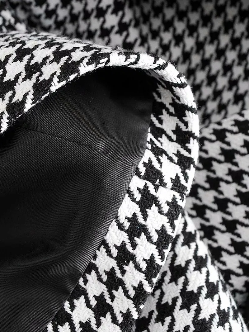 Houndstooth Button Lapel Belt Blazers Splicing Outerwear