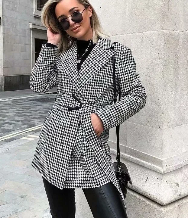 Houndstooth Button Lapel Belt Blazers Splicing Outerwear