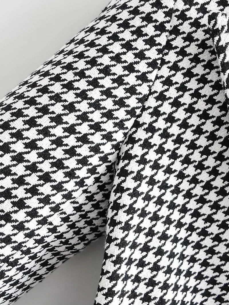Houndstooth Button Lapel Belt Blazers Splicing Outerwear