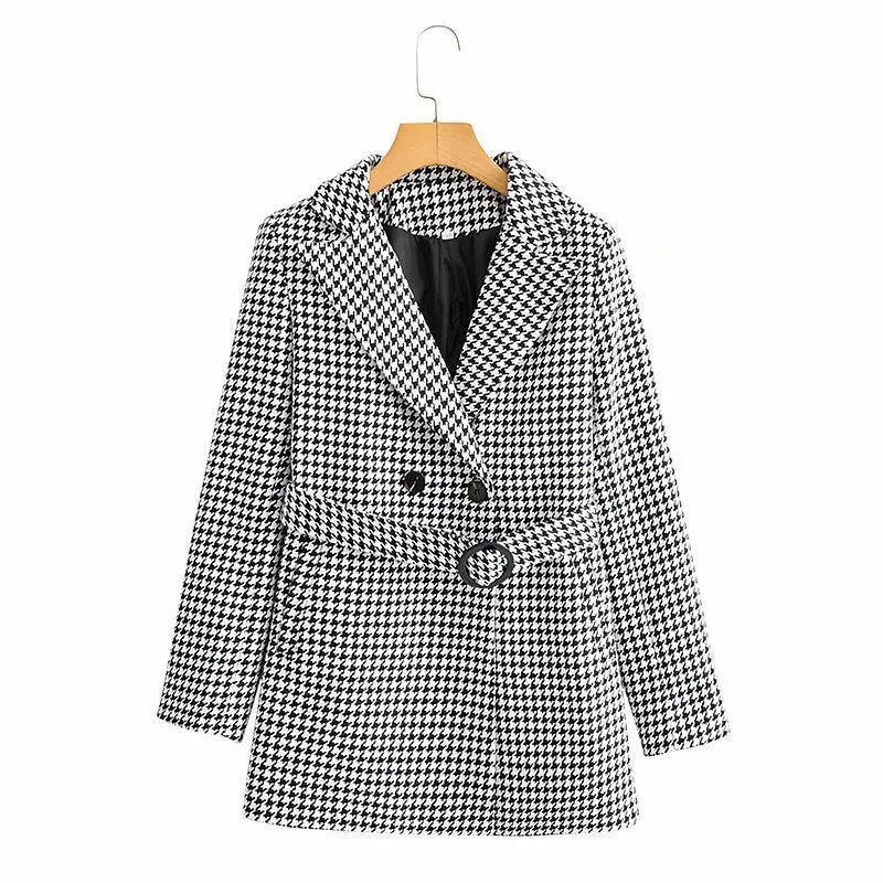 Houndstooth Button Lapel Belt Blazers Splicing Outerwear