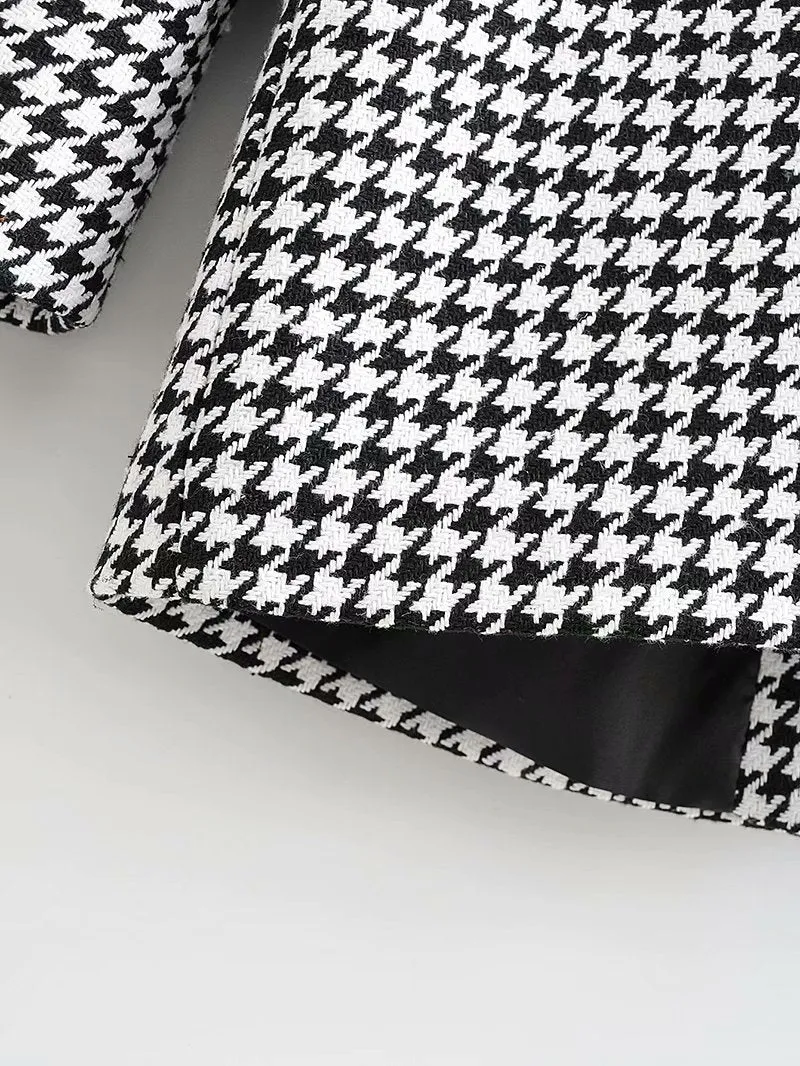Houndstooth Button Lapel Belt Blazers Splicing Outerwear