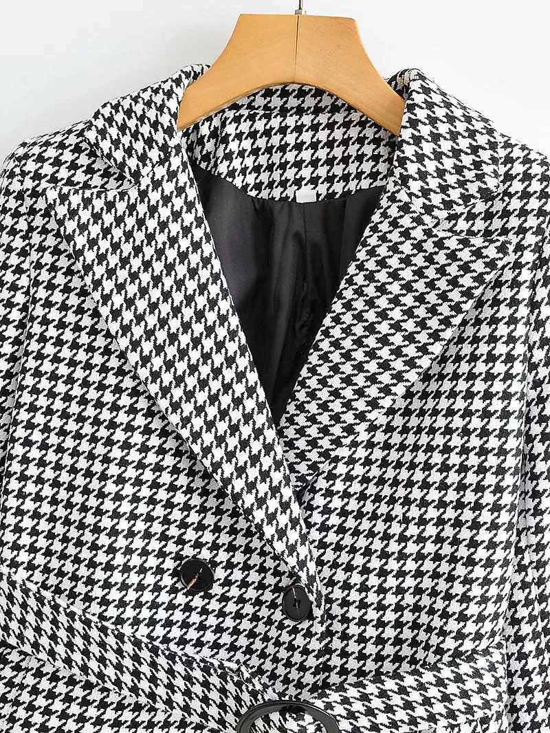 Houndstooth Button Lapel Belt Blazers Splicing Outerwear