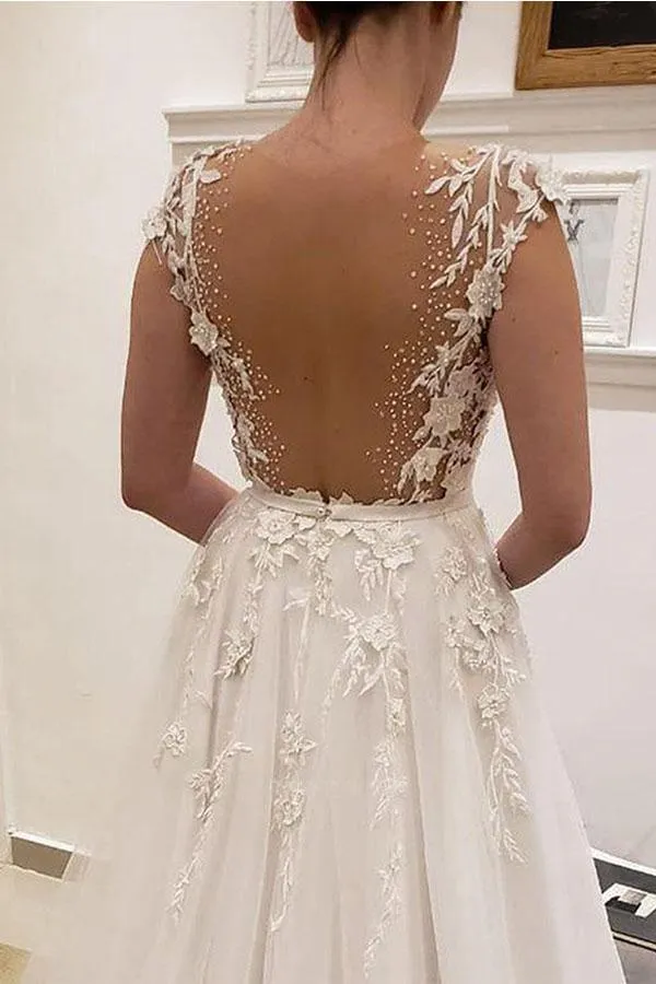 Ivory A-line V-neck Wedding Dresses With Lace Appliques, Bridal Gown, MW925