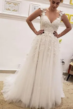 Ivory A-line V-neck Wedding Dresses With Lace Appliques, Bridal Gown, MW925