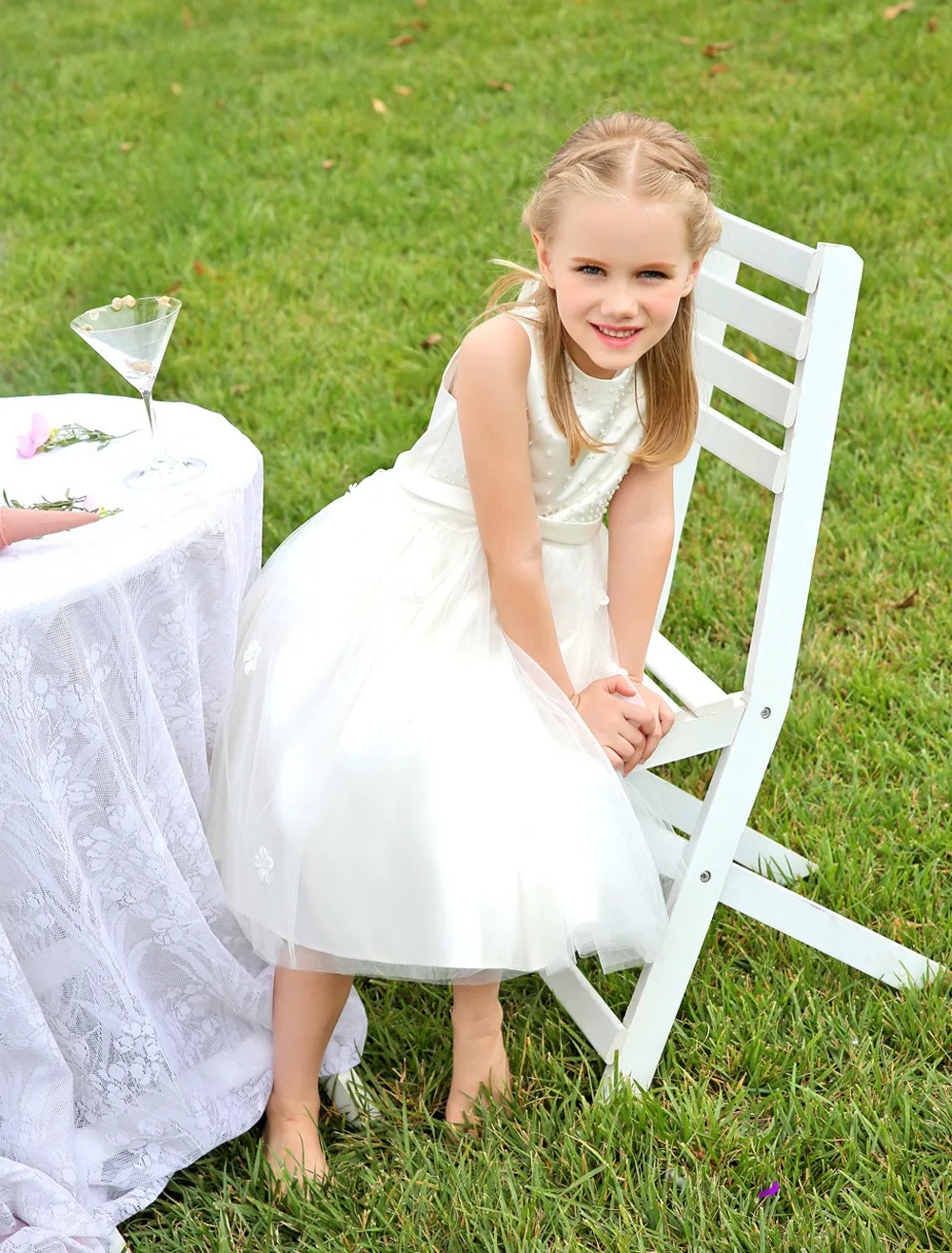 Ivory Boho Pearls Beaded Satin Sash Short Kids Toddlers Party Tutu Dress