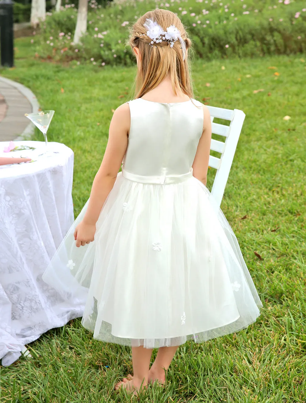 Ivory Boho Pearls Beaded Satin Sash Short Kids Toddlers Party Tutu Dress