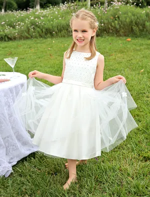 Ivory Boho Pearls Beaded Satin Sash Short Kids Toddlers Party Tutu Dress