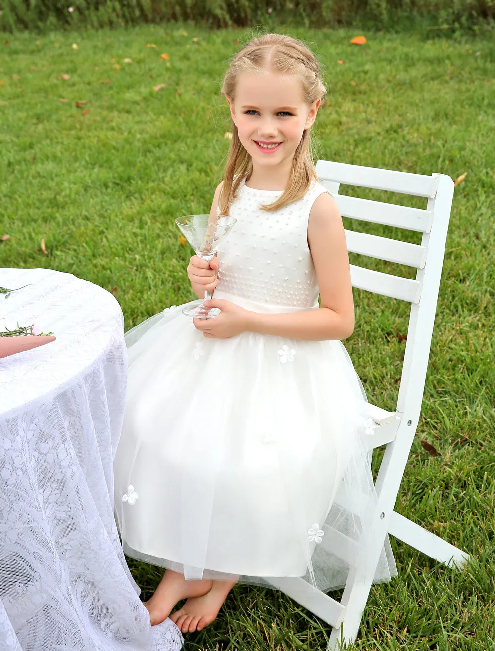 Ivory Boho Pearls Beaded Satin Sash Short Kids Toddlers Party Tutu Dress
