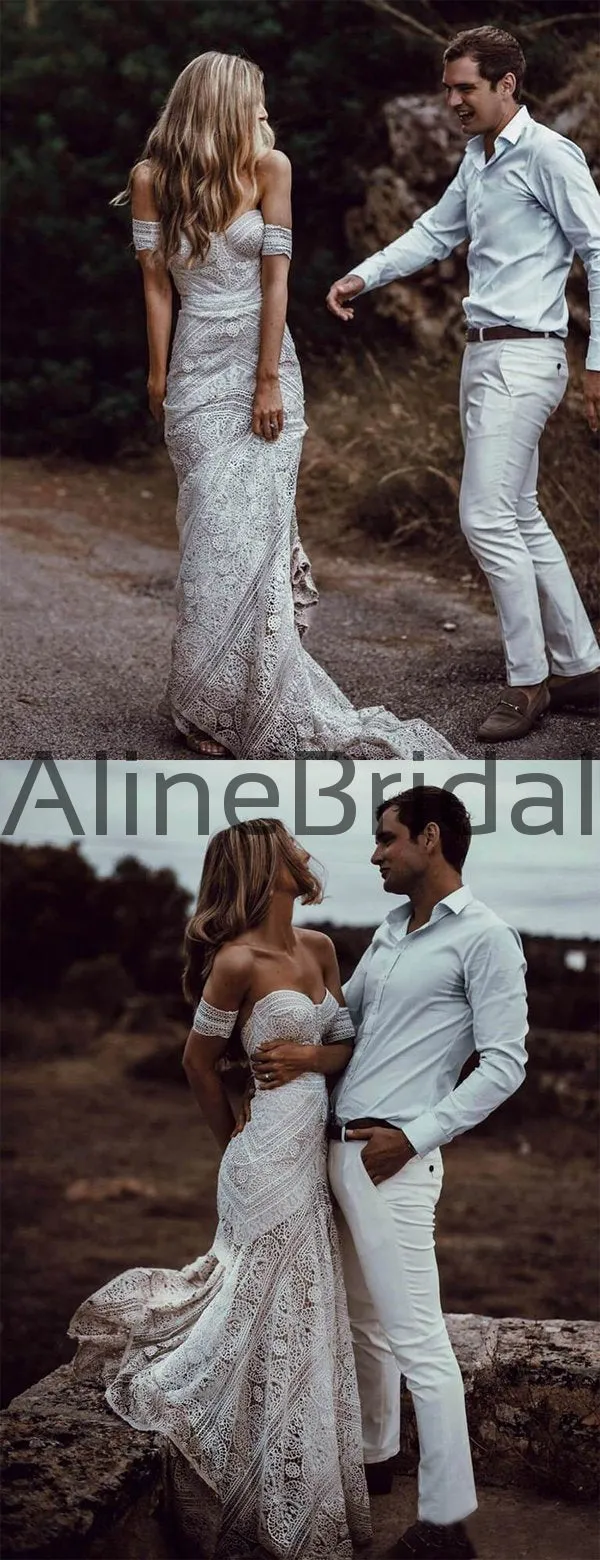 Ivory Lace Strapless Boho Beach Wedding Dresses, AB1530