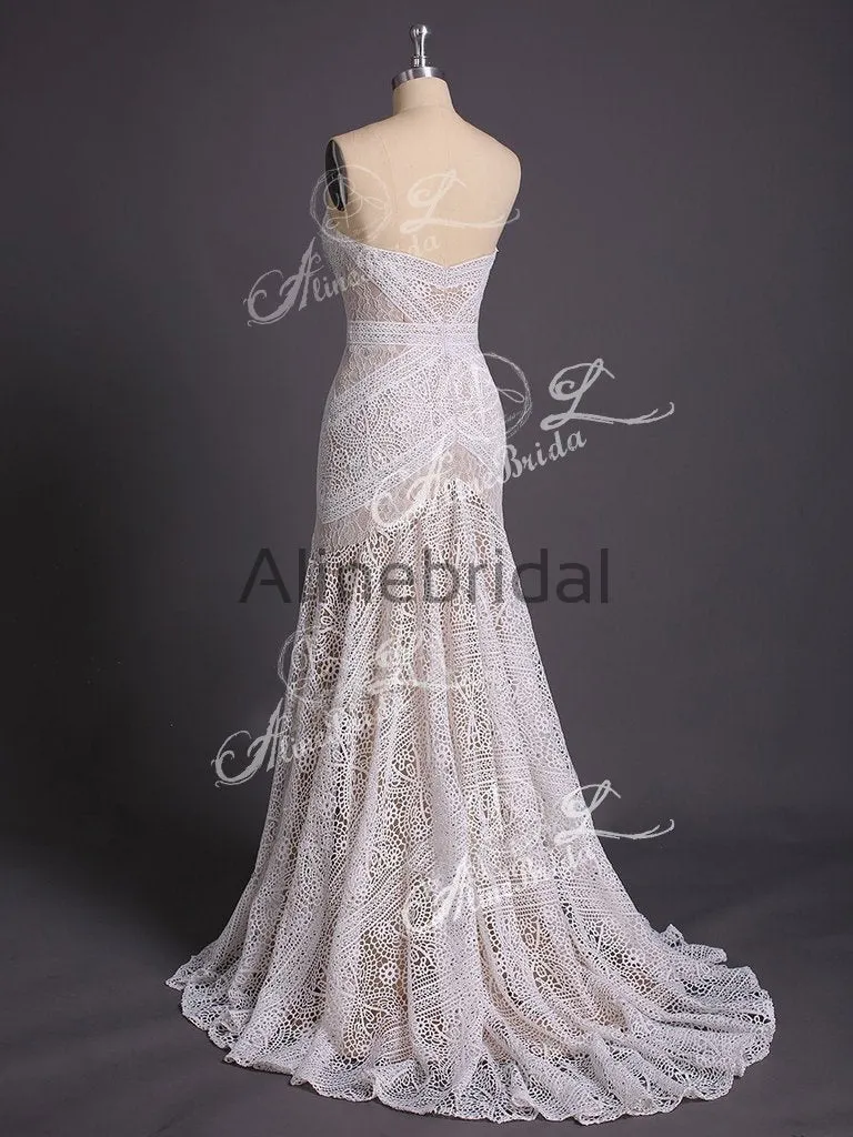 Ivory Lace Strapless Boho Beach Wedding Dresses, AB1530
