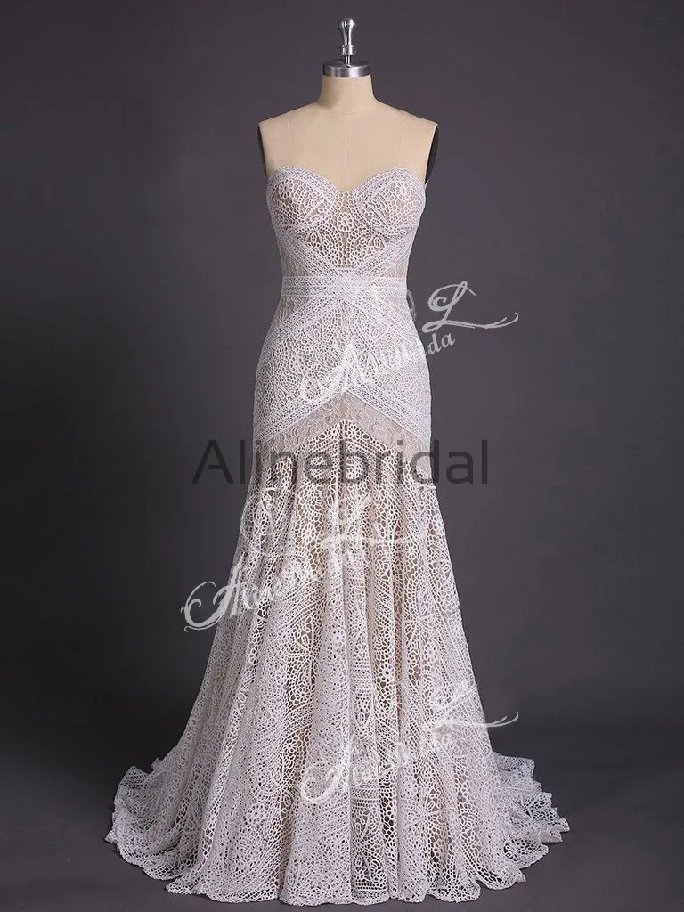 Ivory Lace Strapless Boho Beach Wedding Dresses, AB1530