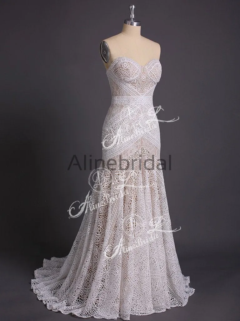 Ivory Lace Strapless Boho Beach Wedding Dresses, AB1530